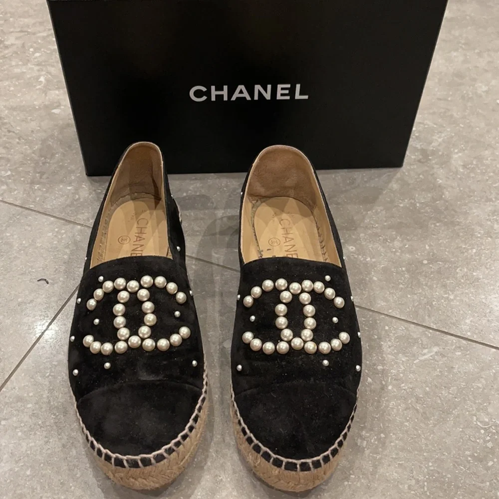 Chanel black espadrilles with pearls